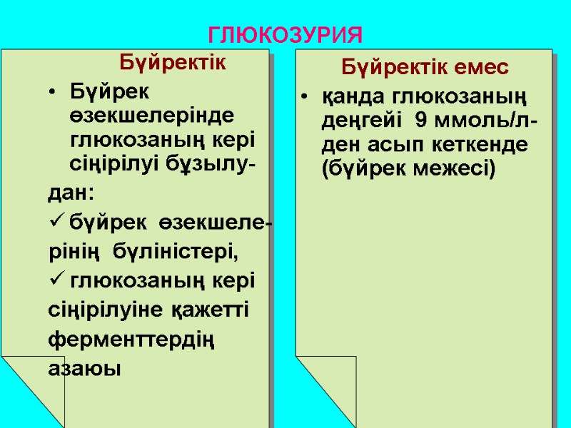 ГЛЮКОЗУРИЯ Бүйректік  Бүйрек өзекшелерінде глюкозаның кері сіңірілуі бұзылу- дан: бүйрек  өзекшеле- рінің